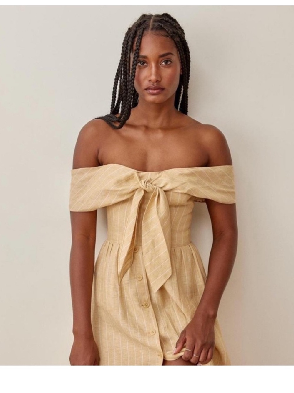 Reformation Barrington Off-Shoulder Tie-Front Linen-Blend Dress in Light Yellow